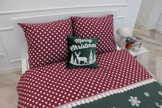Xmass Biancheria da letto natalizia in cotone Spod Igły i Nitki - renna a scacchi rossi piselli verdi, set con cerniera, 100% cotone