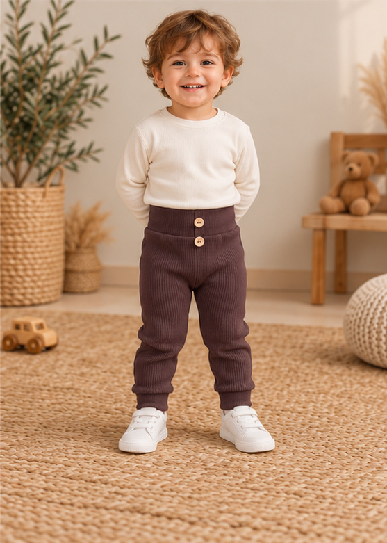 Leggings da bambino LC018 in cotone a costine color cioccolato con bottoni in legno