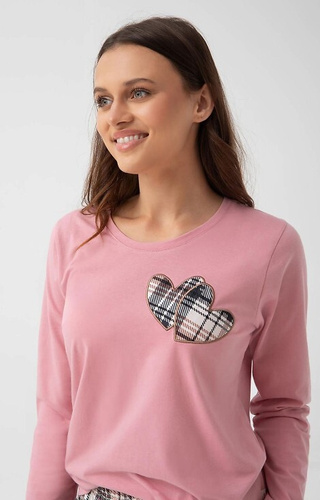 322 Luna pink - pigiama donna in cotone, cuori, manica lunga, pantaloni a quadri