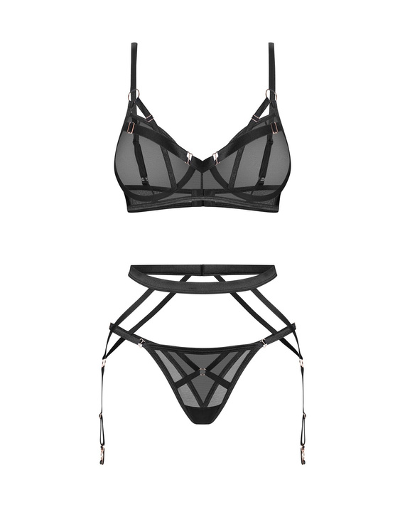 Euridia Set 3 pezzi Obsessive nero - reggiseno, perizoma e reggicalze