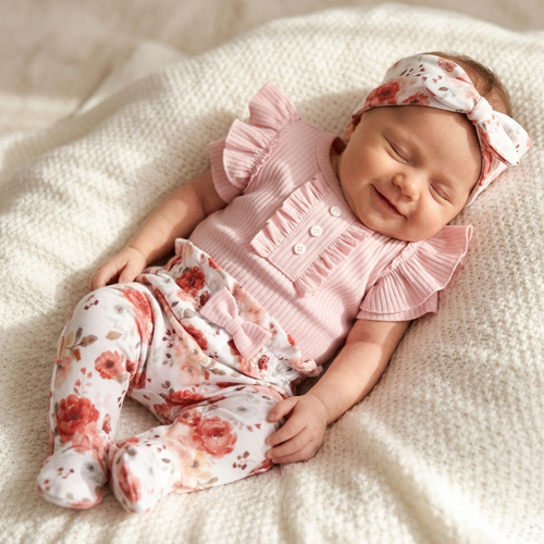 ABK-0056 Completo Neonato NINI Roses in Cotone Organico Body Fascia Mezza Salopette