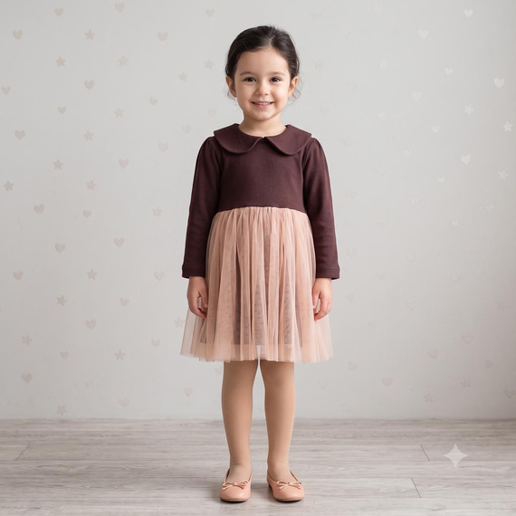 226167 Nicol HANIA Abito con tulle beige marrone manica lunga per bambina