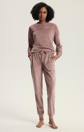 43722 Pigiama Delanie Henderson da donna in velluto rosa polveroso, manica lunga e pantalone