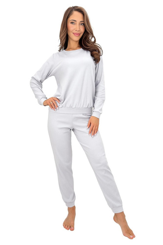 Donna Home Long Pigiama Donna Cotone Costine Manica Lunga e Pantaloni Grigia