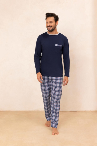 Regina 488 - pigiama da uomo in cotone blu navy con maniche lunghe, taglio classico