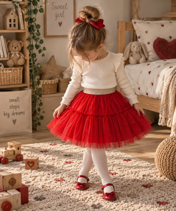 Gonna bambina rossa ST115 in tulle morbido, tulle metallizzato, elastico in vita