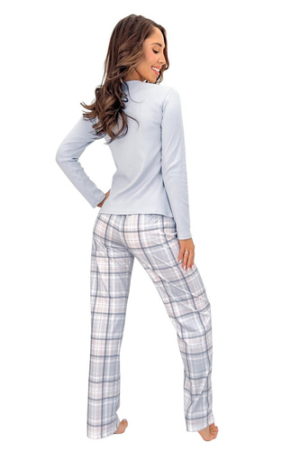Donna Dani Long pigiama donna in cotone grigio a costine con pantaloni a quadri