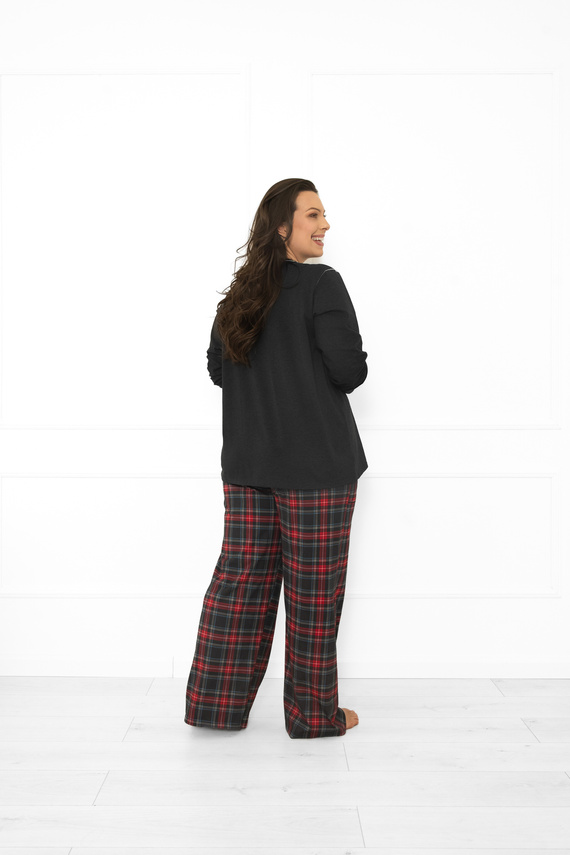 Pigiama donna Italian Fashion in cotone melange scuro, manica lunga e pantalone, a quadri