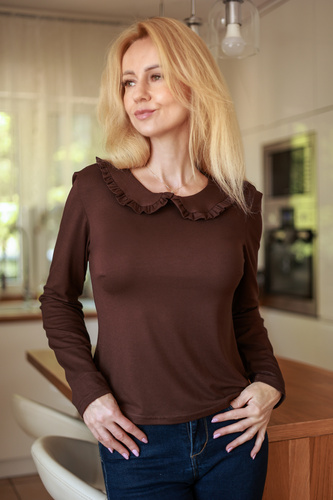 Mirale Anna Blusa Donna in Viscosa con Volant e Colletto - marrone