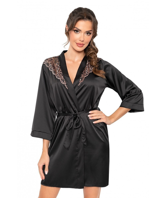 Sabrina Donna vestaglia nera - vestaglia in raso con pizzo, legata in vita