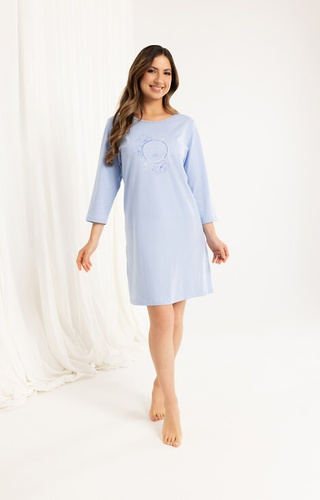 163 Camicia da notte in cotone Regina blu - manica 3/4, stampa, sotto il ginocchio