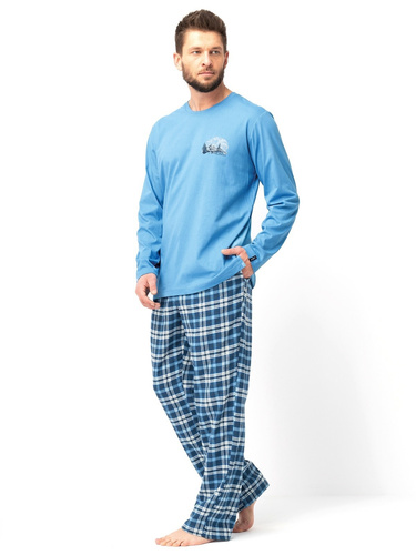 Pigiama uomo MNS 626 Key blue - manica lunga, pantaloni in flanella di cotone