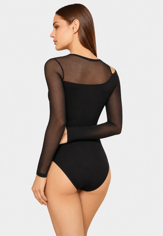 Body donna Teyli 2458 nero in viscosa, manica lunga e tulle