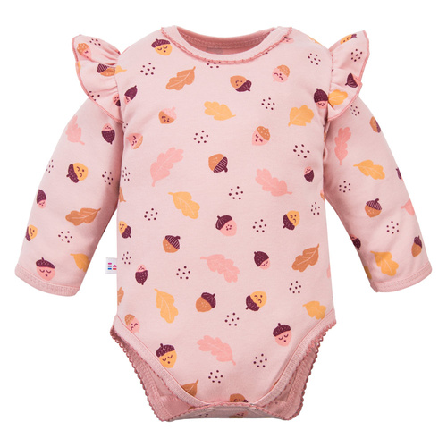 Body per neonati Fluffy Tails Eevi - rosa, manica lunga, volant sulle spalle
