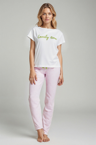 Dana Pigiama donna rosa sorbetto - 100% cotone, manica corta, pantaloni a quadri, set