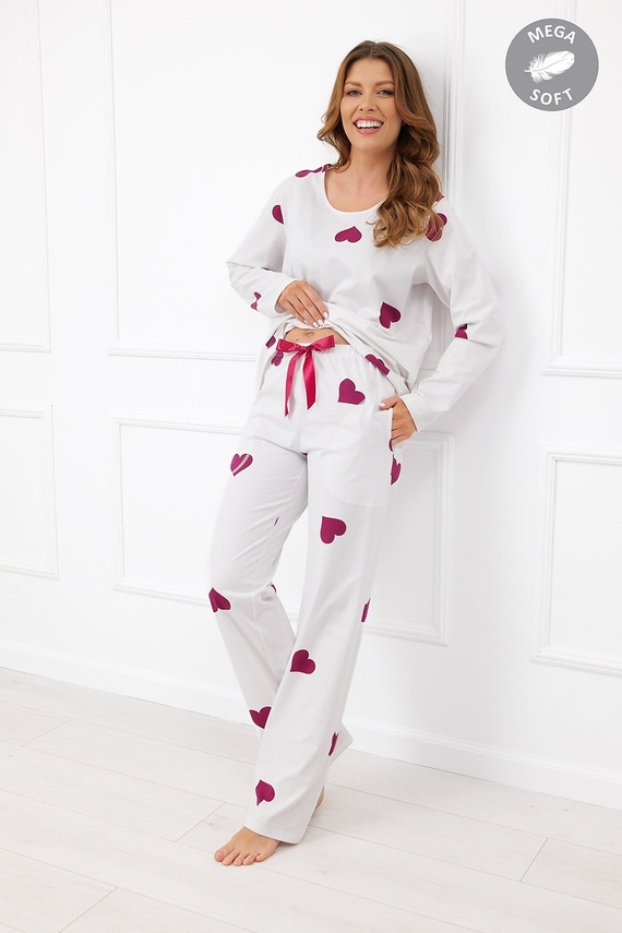 Italian Fashion Kioga Pigiama donna Mega Soft lunga ecru con cuori bordeaux