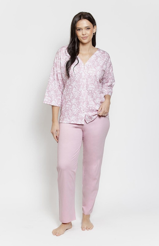 Pigiama Lucinda 3574/3575 rosa taro - Pigiama da donna in cotone con motivo floreale, maniche a 3/4