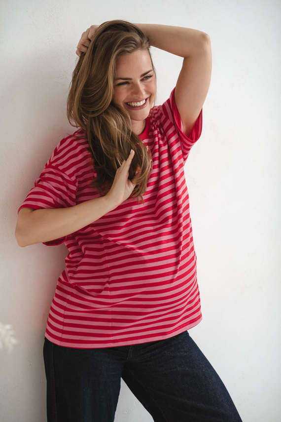 Mamahood Maglietta per la gravidanza e l'allattamento Milk&Love a righe rosse e rosa, comoda ed elegante