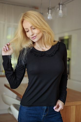 Mirale Anna Blusa Donna in Viscosa con Volant e Colletto - nera