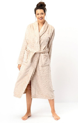 LG: 605 Vestaglia da donna Key- beige, morbida, collo a scialle