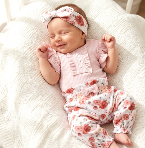 ABK-0057 Completo Neonato NINI Roses Cotone Organico Body Pantaloni Fascia
