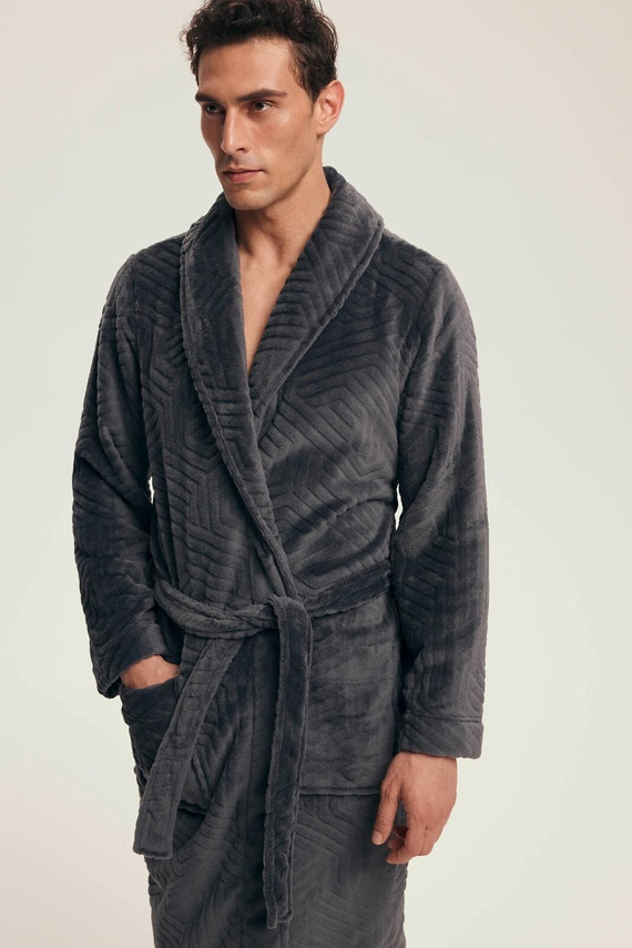 Accappatoio Henderson da uomo 43379 Nandu grigio - legato in vita, lunghezza prima del ginocchio