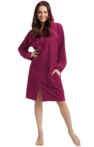 389 Luna Velour accappatoio bordeaux - accappatoio da donna con cappuccio, chiusura con zip, cotone