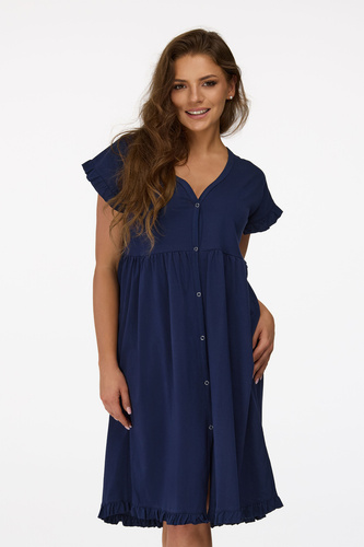no. 21 Camicia da notte da gravidanza Senizo blu navy - 100% cotone, manica corta, allattamento con bottoni