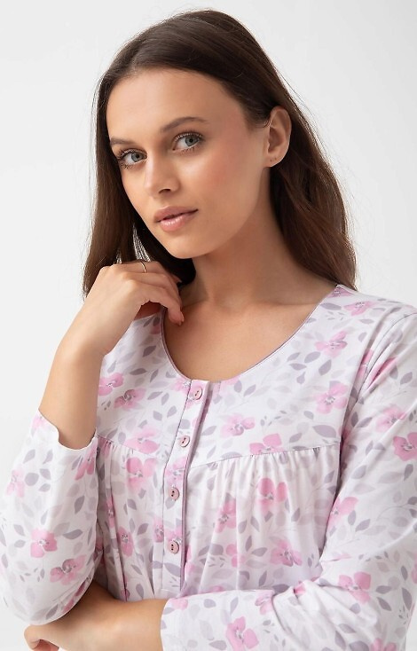 338 Camicia da notte Luna rosa - cotone con motivo floreale, lunga con bottoni