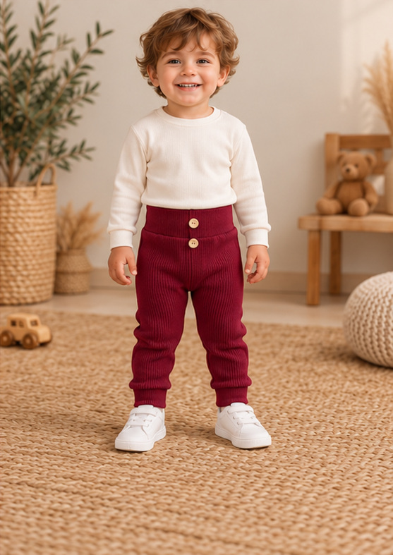 Leggings da bambino LC014 bordeaux in cotone a coste con bottoni in legno
