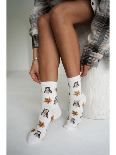 Milena 0200-267 calze donna in cotone con gufi e foglie ecru