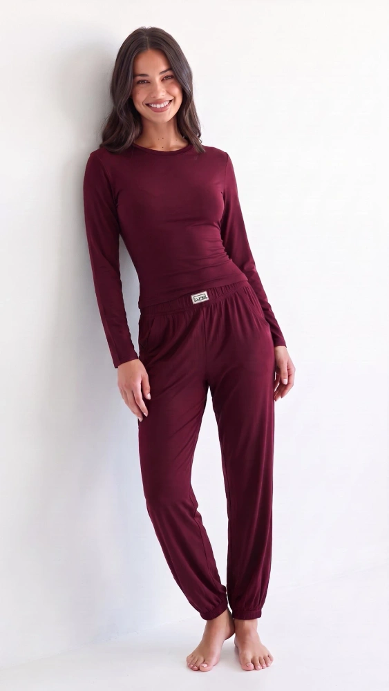 Pigiama donna Luna 1318 in viscosa 95% manica lunga pantaloni con polsini - melanzana