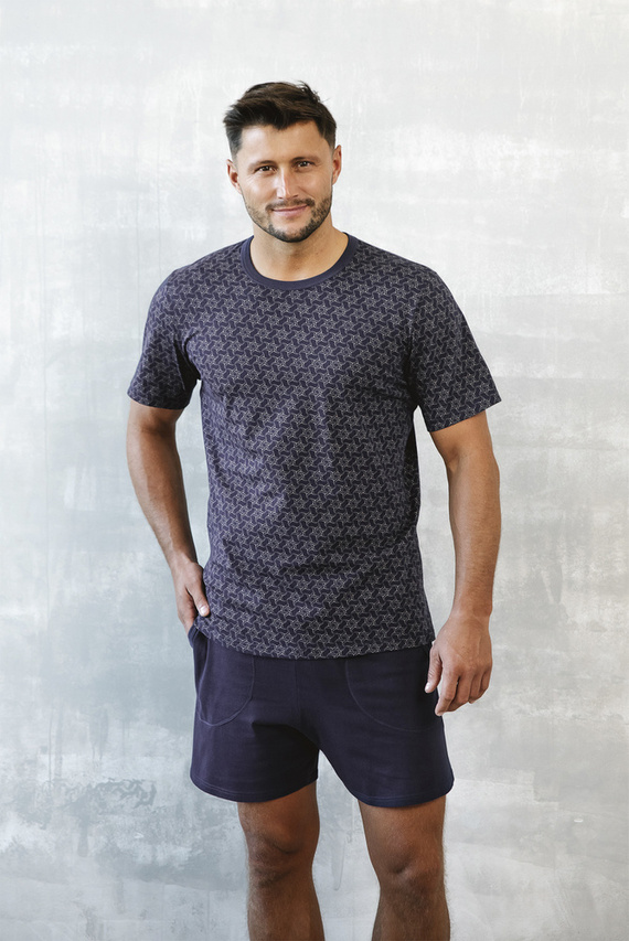 Ricardo Pigiama da uomo a maniche corte, pantaloncini Moda italiana - blu navy/stampa