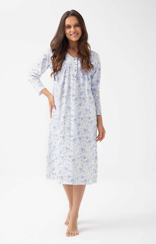 338 Camicia da notte Luna blu - cotone con motivo floreale, lunga con bottoni