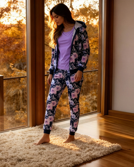 355/464 Pigiama da donna Maddie Cornette - 3 pezzi blu navy con camicetta con fiori e felpa con cappuccio