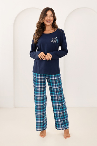 Pigiama da donna Regina 743 blu marino - cotone, lunghezza. manica, stampa, pantaloni a quadri