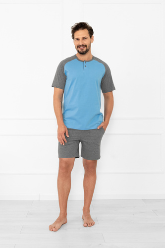 Pigiama da uomo Alexander Italian Fashion - maniche corte e pantaloncini corti, 100% cotone - blu/grigio