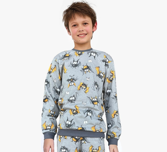 Pigiama bambino Cornette Bat 2 264/182, 263/182 grigio - cotone, manica lunga, motivo pipistrello