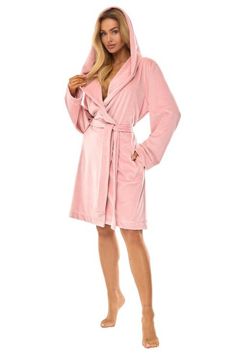 2509 Accappatoio da donna L&L Luna corto con cappuccio rosa cipria - comodo e leggero