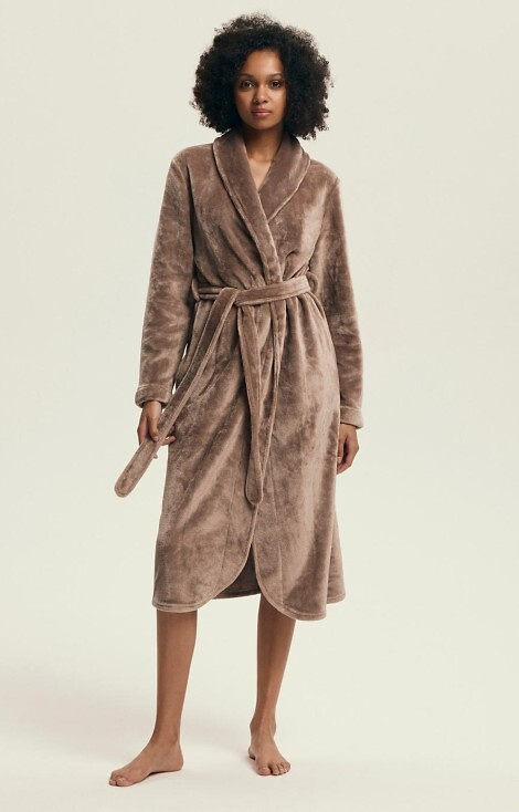 43595 Dextra Vestaglia da donna Henderson caffè, morbida, legata, sopra il ginocchio