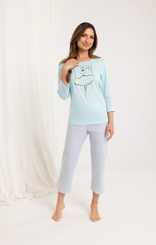 716 Pigiama da donna Regina turchese - cotone, manica 3/4, pantaloni 7/8 fantasia