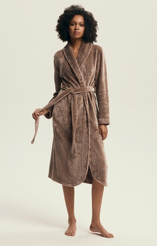 43595 Dextra Vestaglia da donna Henderson caffè, morbida, legata, sopra il ginocchio