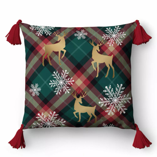 5381 Una federa decorativa natalizia Christmas Deco Detexpol con renne e fiocchi di neve su uno sfondo a traliccio - zip