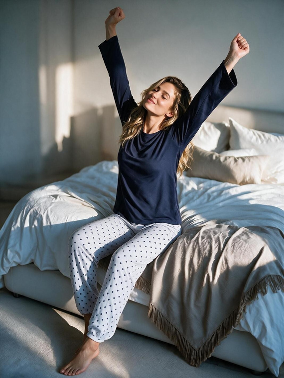 Luna 1310 Pigiama Donna Lunga 100% Cotone Pantaloni a Pois Blu Scuro