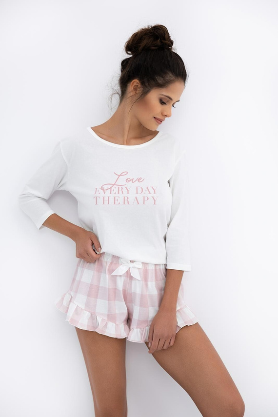 Emily Sensis - Pigiama da donna in cotone | camicia a 3/4 e pantaloncini a quadri con volant