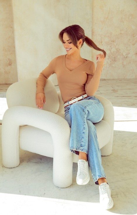 Eleonor Eldar Active beige - blusa da donna in viscosa a coste, manica lunga