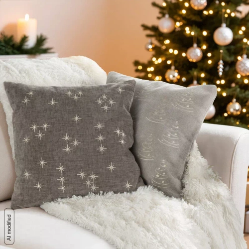 CHP308 Federa natalizia Eurofirany 45x45 con paillettes 3D stelle beige