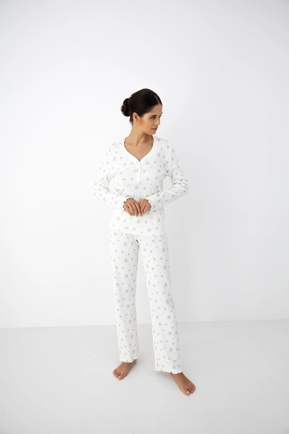 Pigiama donna Sensis Vida ecru in cotone con fiori, manica lunga e pantaloni