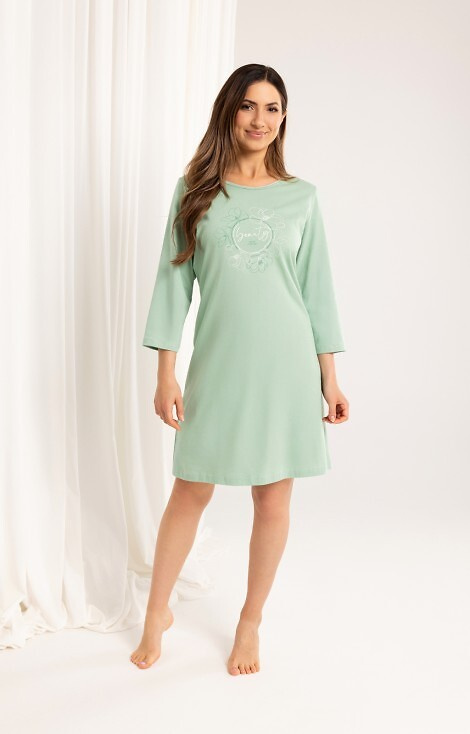 163 Camicia da notte in cotone verde Regina - manica 3/4, stampa, sotto il ginocchio