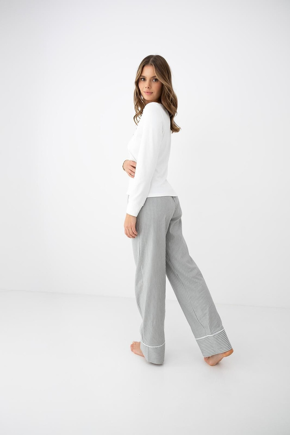 Sensis Salma pigiama donna ecru-grigia con manica lunga e pantaloni a righe